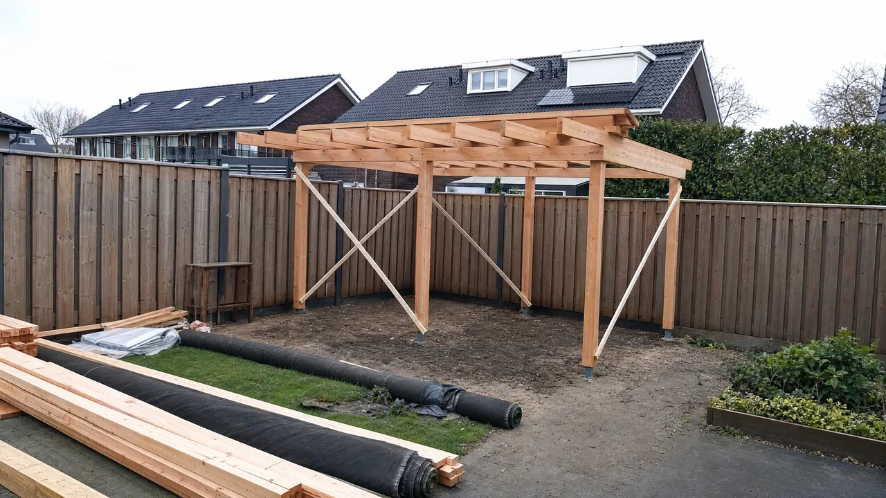 Houten constructie in een achtertuin
